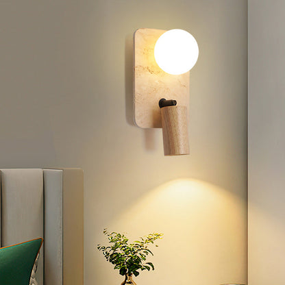 Contemporary Creative Travertine Solid Wood Glass Square Oval Globe 2-Light Wall Sconce Lamp For Bedroom & Living Room