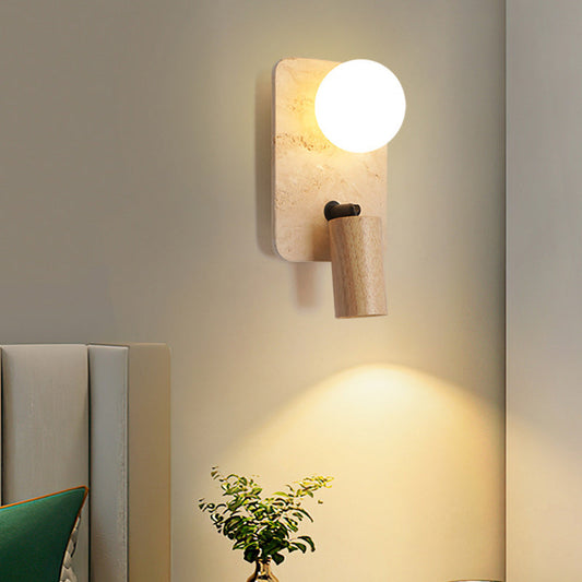 Contemporary Creative Travertine Solid Wood Glass Square Oval Globe 2-Light Wall Sconce Lamp For Bedroom & Living Room