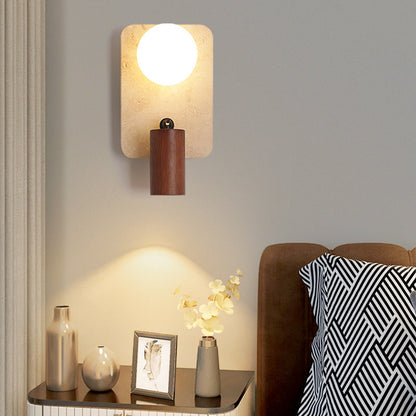 Contemporary Creative Travertine Solid Wood Glass Square Oval Globe 2-Light Wall Sconce Lamp For Bedroom & Living Room