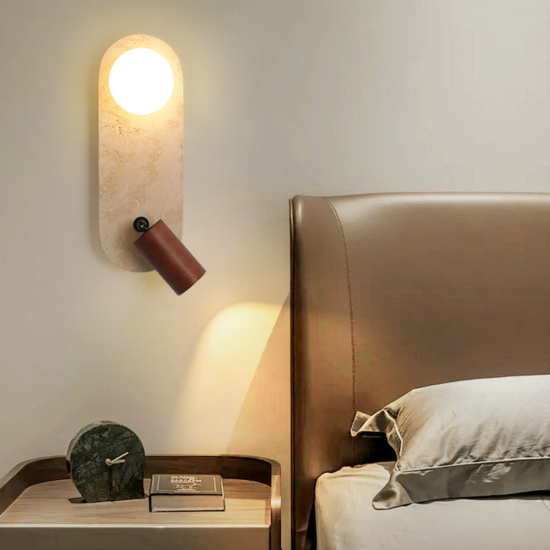 Contemporary Creative Travertine Solid Wood Glass Square Oval Globe 2-Light Wall Sconce Lamp For Bedroom & Living Room