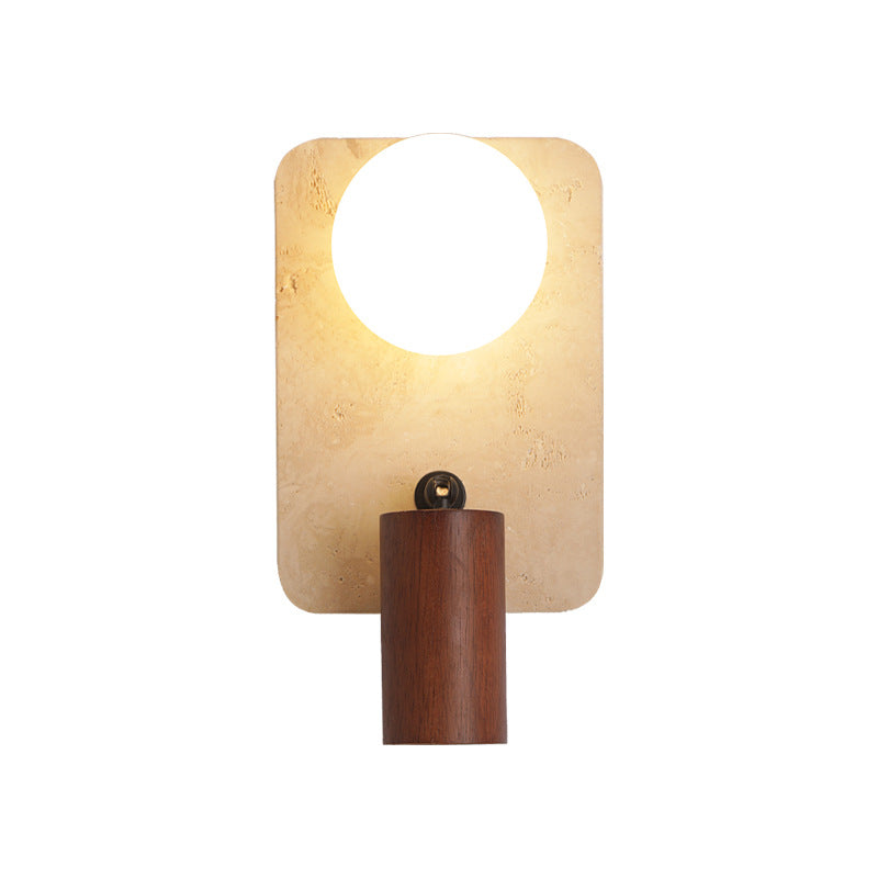 Contemporary Creative Travertine Solid Wood Glass Square Oval Globe 2-Light Wall Sconce Lamp For Bedroom & Living Room