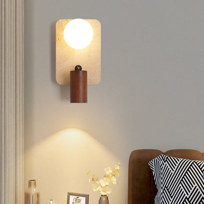 Contemporary Creative Travertine Solid Wood Glass Square Oval Globe 2-Light Wall Sconce Lamp For Bedroom & Living Room