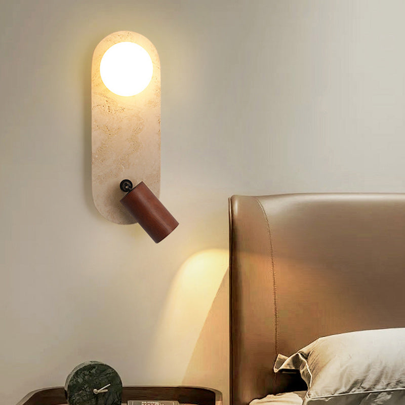 Contemporary Creative Travertine Solid Wood Glass Square Oval Globe 2-Light Wall Sconce Lamp For Bedroom & Living Room