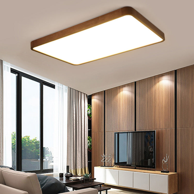 Traditional Chinese Acrylic Wood Metal Rectangular LED Flush Mount Ceiling Light For Living Room