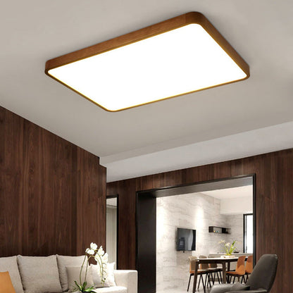 Traditional Chinese Acrylic Wood Metal Rectangular LED Flush Mount Ceiling Light For Living Room