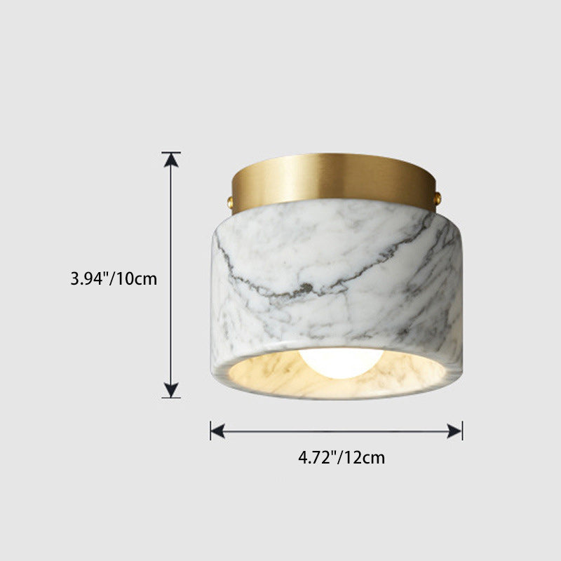 Contemporary Scandinavian Marble Metal Round Cylinder 1-Light Semi-Flush Mount Ceiling Light For Living Room