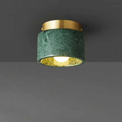Contemporary Scandinavian Marble Metal Round Cylinder 1-Light Semi-Flush Mount Ceiling Light For Living Room