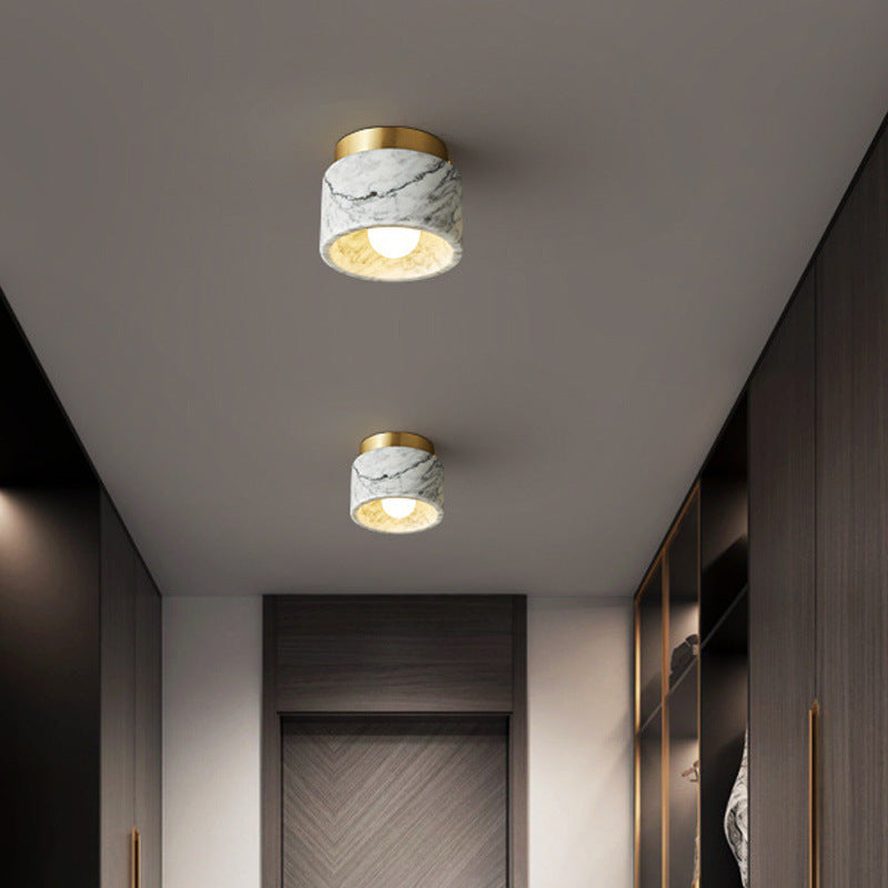Contemporary Scandinavian Marble Metal Round Cylinder 1-Light Semi-Flush Mount Ceiling Light For Living Room
