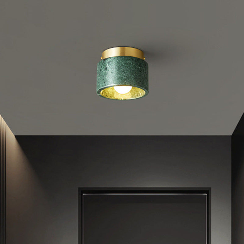 Contemporary Scandinavian Marble Metal Round Cylinder 1-Light Semi-Flush Mount Ceiling Light For Living Room