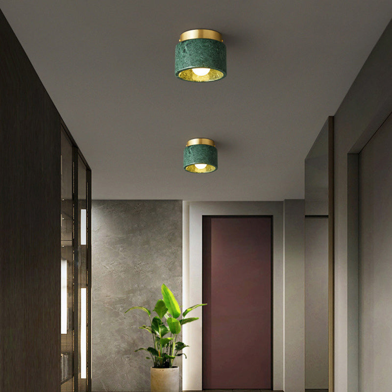 Contemporary Scandinavian Marble Metal Round Cylinder 1-Light Semi-Flush Mount Ceiling Light For Living Room