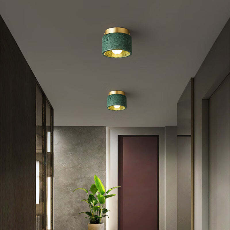 Contemporary Scandinavian Marble Metal Round Cylinder 1-Light Semi-Flush Mount Ceiling Light For Living Room
