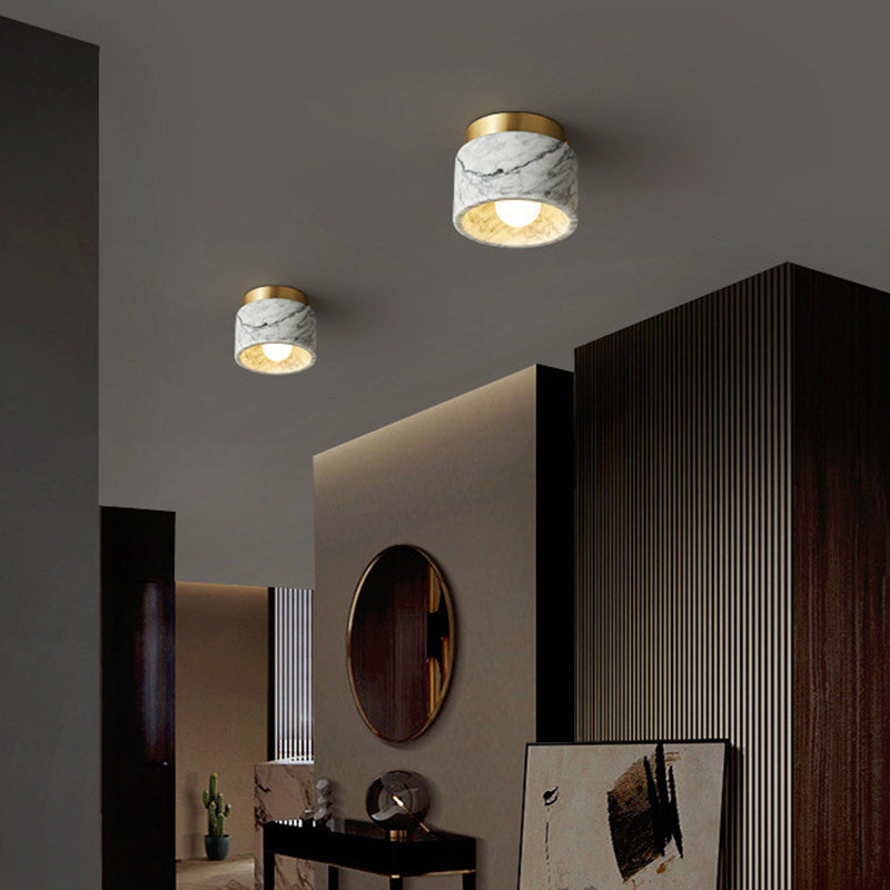 Contemporary Scandinavian Marble Metal Round Cylinder 1-Light Semi-Flush Mount Ceiling Light For Living Room