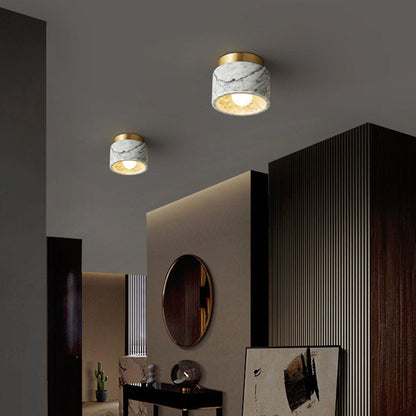 Contemporary Scandinavian Marble Metal Round Cylinder 1-Light Semi-Flush Mount Ceiling Light For Living Room