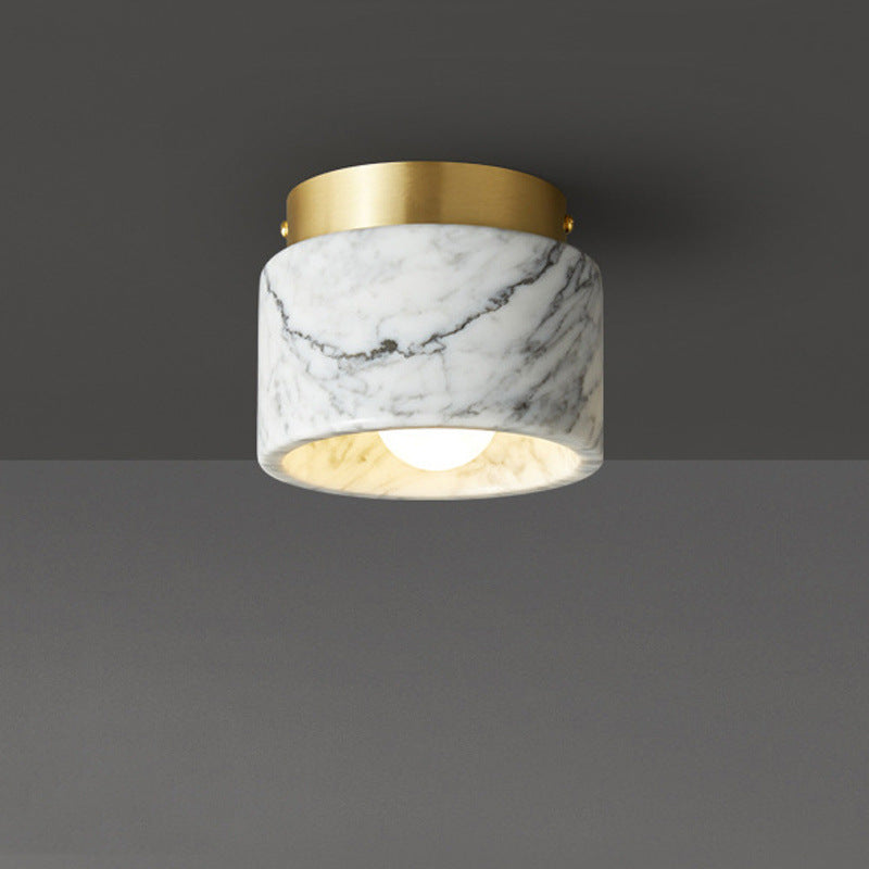 Contemporary Scandinavian Marble Metal Round Cylinder 1-Light Semi-Flush Mount Ceiling Light For Living Room