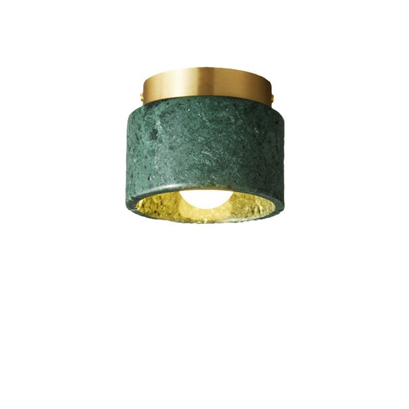 Contemporary Scandinavian Marble Metal Round Cylinder 1-Light Semi-Flush Mount Ceiling Light For Living Room
