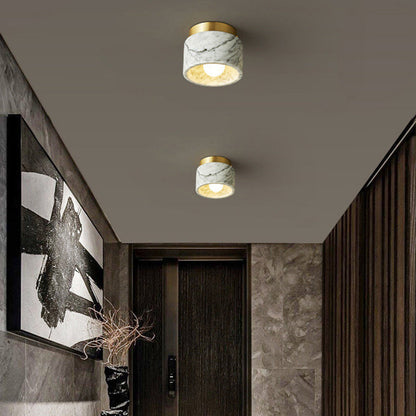 Contemporary Scandinavian Marble Metal Round Cylinder 1-Light Semi-Flush Mount Ceiling Light For Living Room