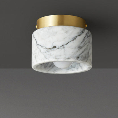 Contemporary Scandinavian Marble Metal Round Cylinder 1-Light Semi-Flush Mount Ceiling Light For Living Room