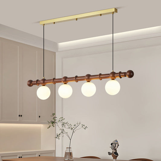Traditional Vintage Glass Wood Iron Long Bar Bean-Shaped 4-Light Chandelier Island Light For Dining Room & Living Room