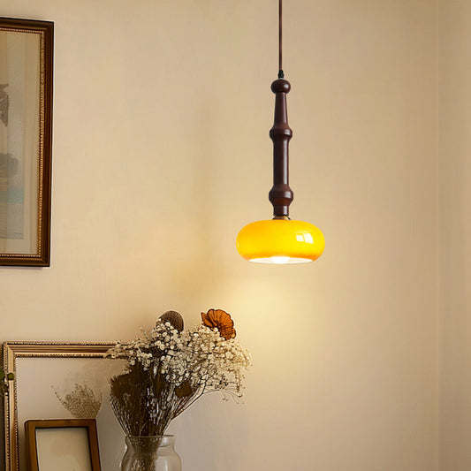 Traditional Vintage Rubber Wood Glass Flat Round Cylinder 1-Light Pendant Light For Bedroom & Living Room