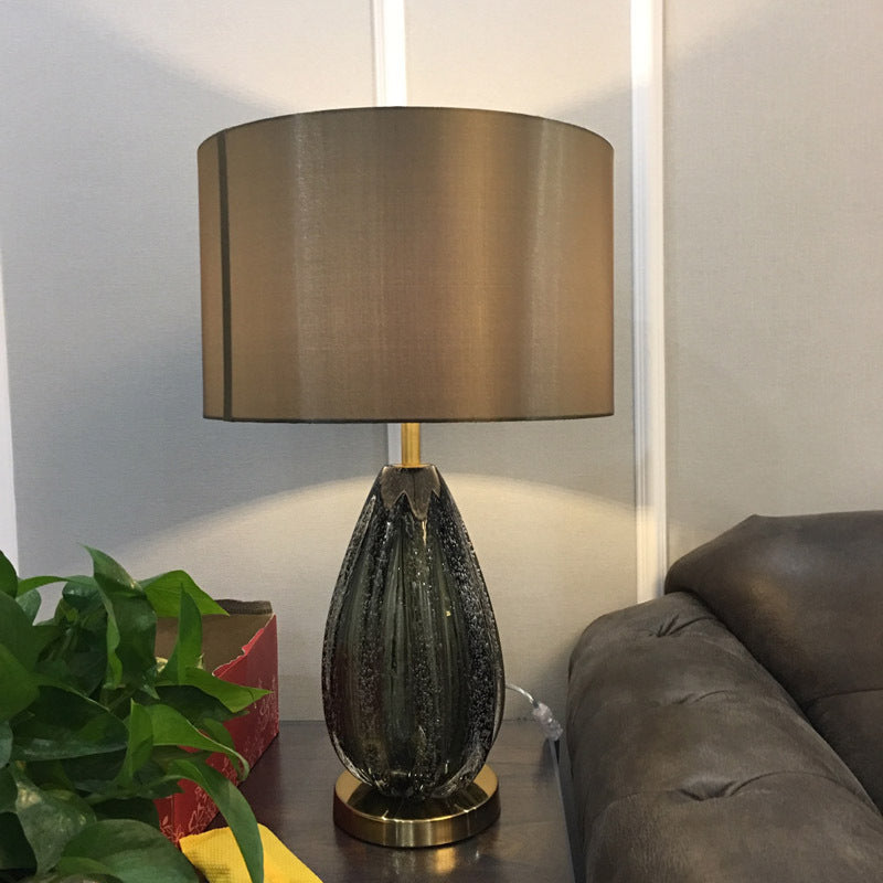 Contemporary Scandinavian Fabric Metal Crystal Oval Round 1-Light Table Lamp For Bedroom