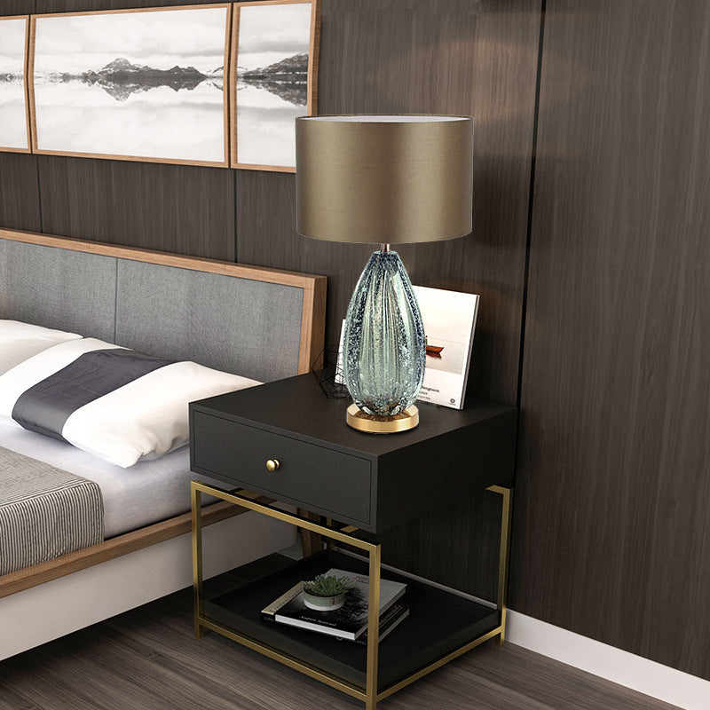 Contemporary Scandinavian Fabric Metal Crystal Oval Round 1-Light Table Lamp For Bedroom