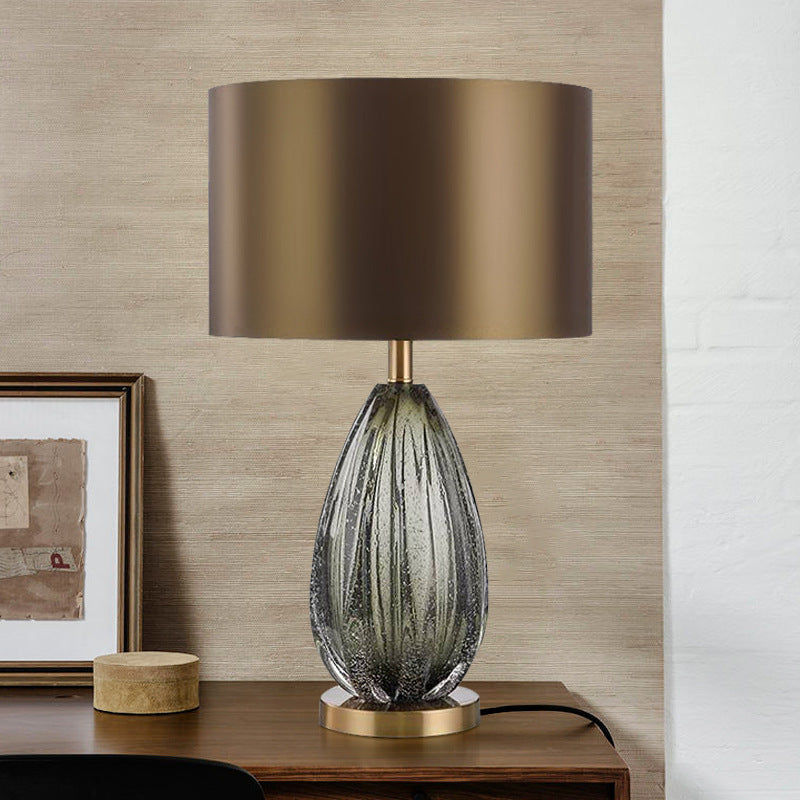 Contemporary Scandinavian Fabric Metal Crystal Oval Round 1-Light Table Lamp For Bedroom
