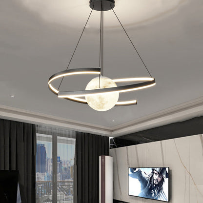 Modern Minimalist Aluminum PC Iron Arc Planet Shape LED Chandelier For Living Room & Dining Room
