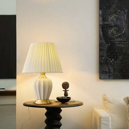 Traditional Chinese Fabric Ceramic Copper Pleated-Fan Round 1-Light Table Lamp For Bedroom & Living Room