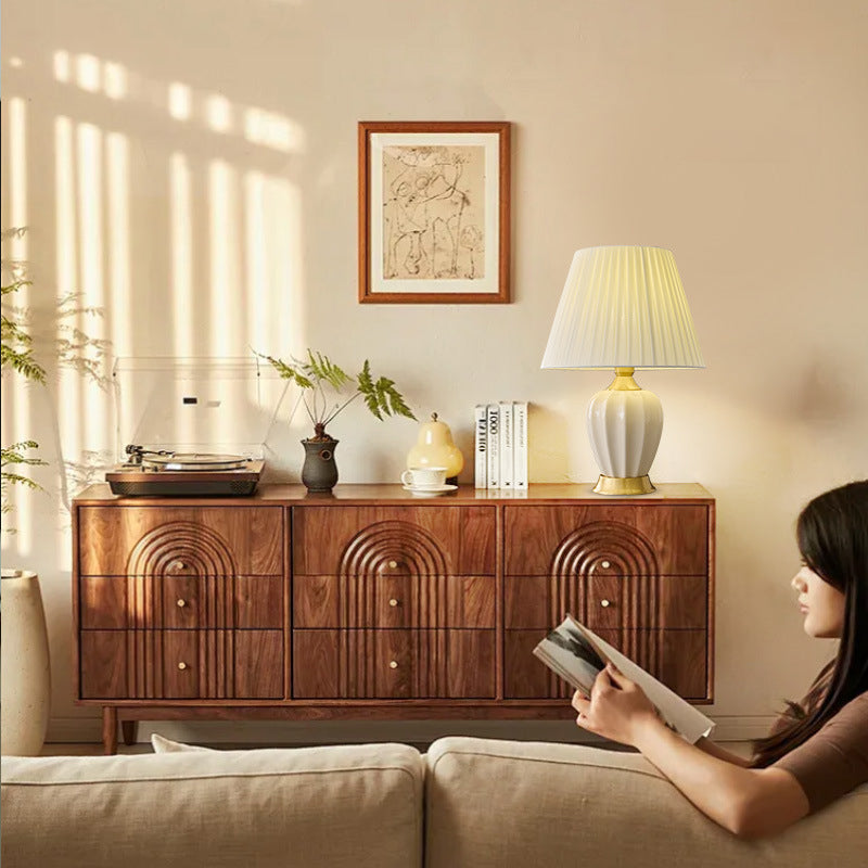 Traditional Chinese Fabric Ceramic Copper Pleated-Fan Round 1-Light Table Lamp For Bedroom & Living Room