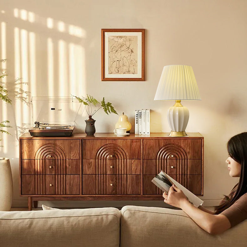 Traditional Chinese Fabric Ceramic Copper Pleated-Fan Round 1-Light Table Lamp For Bedroom & Living Room