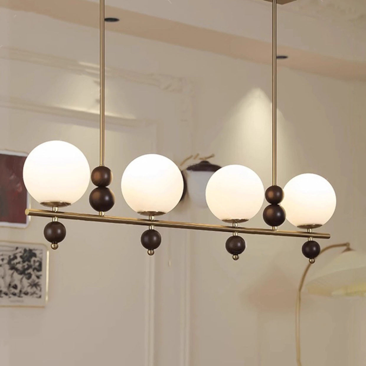 Traditional Chinese Glass Wood Iron Linear 4/5-Light Chandelier Island Light For Dining Room