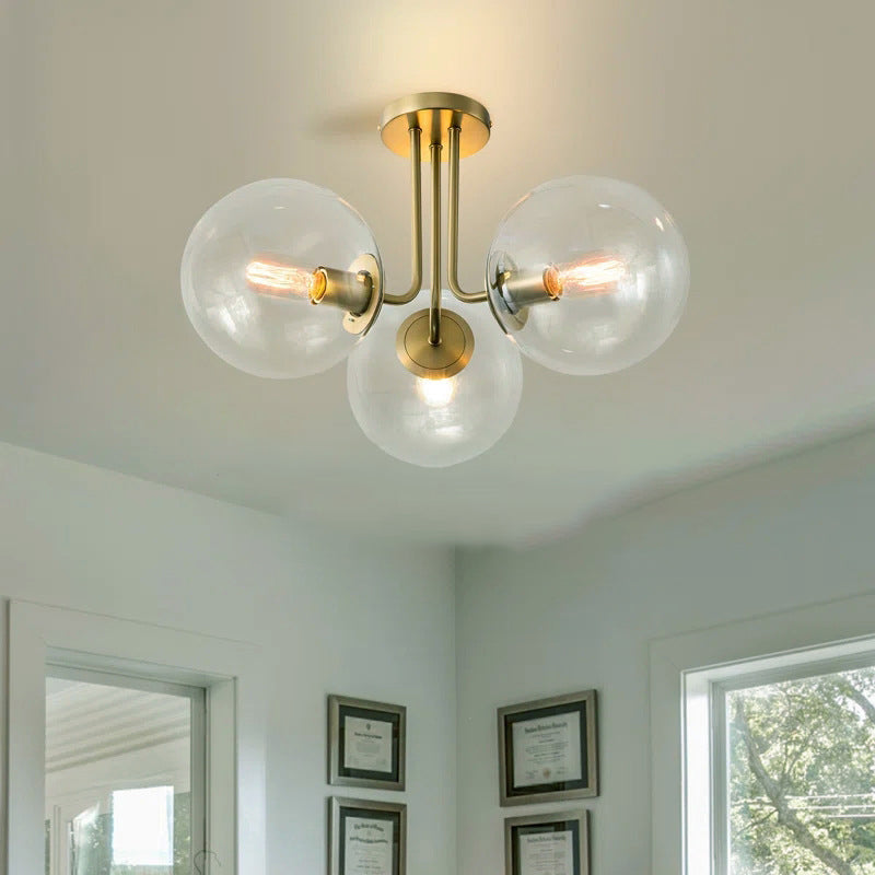 Contemporary Scandinavian Brass Glass Globe 3-Light Semi-Flush Mount Ceiling Light For Bedroom & Living Room