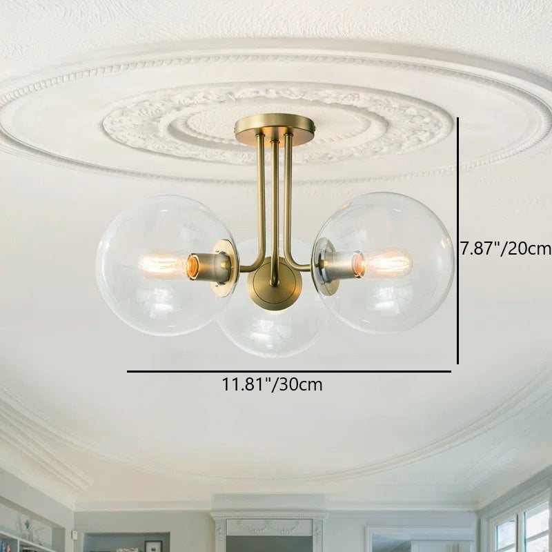 Contemporary Scandinavian Brass Glass Globe 3-Light Semi-Flush Mount Ceiling Light For Bedroom & Living Room