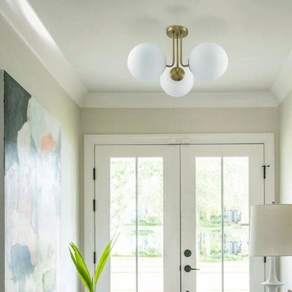Contemporary Scandinavian Brass Glass Globe 3-Light Semi-Flush Mount Ceiling Light For Bedroom & Living Room