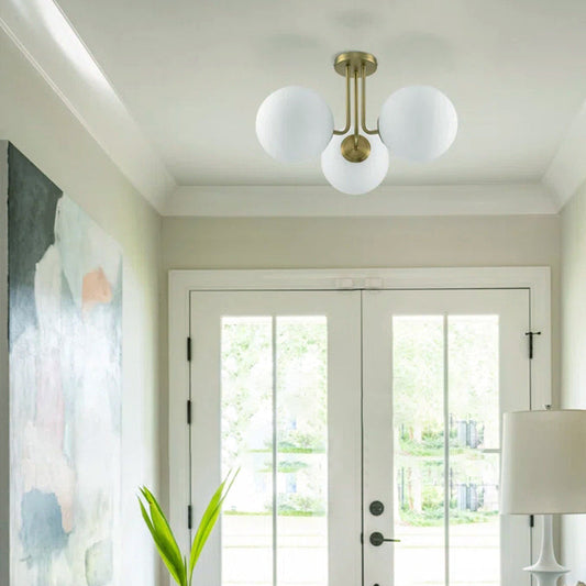Contemporary Scandinavian Brass Glass Globe 3-Light Semi-Flush Mount Ceiling Light For Bedroom & Living Room