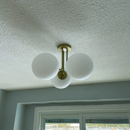 Contemporary Scandinavian Brass Glass Globe 3-Light Semi-Flush Mount Ceiling Light For Bedroom & Living Room