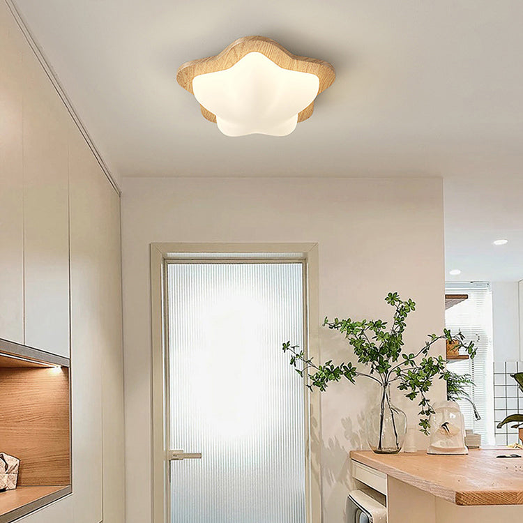 Traditional Chinese PE Rubberwood Heart Star Wave LED Flush Mount Ceiling Light For Bedroom