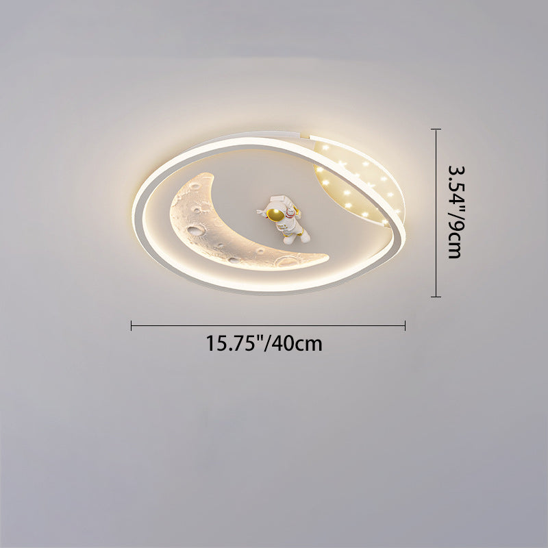 Modern Art Deco Acrylic Resin Iron Planet Astronaut Round LED Flush Mount Ceiling Light For Bedroom & Living Room
