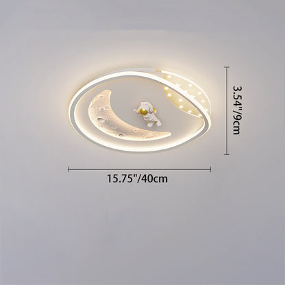 Modern Art Deco Acrylic Resin Iron Planet Astronaut Round LED Flush Mount Ceiling Light For Bedroom & Living Room