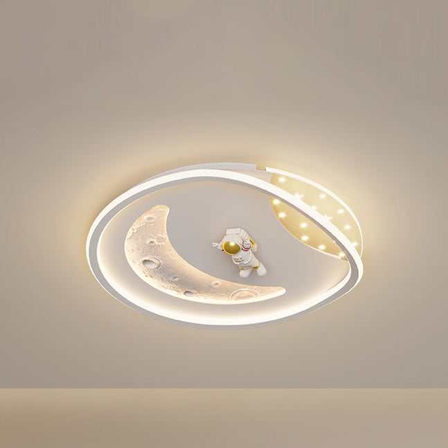 Modern Art Deco Acrylic Resin Iron Planet Astronaut Round LED Flush Mount Ceiling Light For Bedroom & Living Room