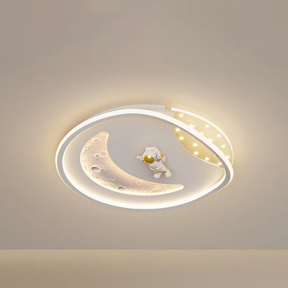 Modern Art Deco Acrylic Resin Iron Planet Astronaut Round LED Flush Mount Ceiling Light For Bedroom & Living Room