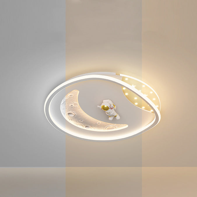Modern Art Deco Acrylic Resin Iron Planet Astronaut Round LED Flush Mount Ceiling Light For Bedroom & Living Room