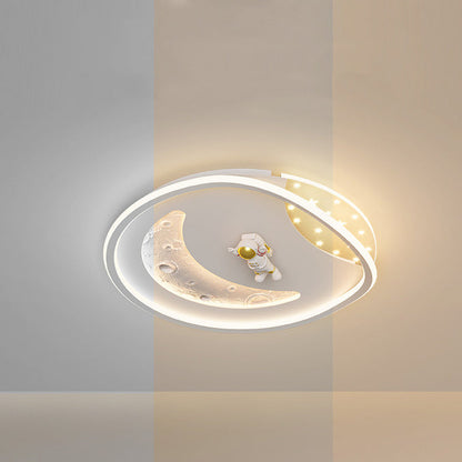 Modern Art Deco Acrylic Resin Iron Planet Astronaut Round LED Flush Mount Ceiling Light For Bedroom & Living Room