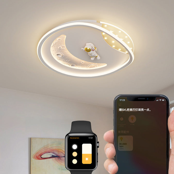 Modern Art Deco Acrylic Resin Iron Planet Astronaut Round LED Flush Mount Ceiling Light For Bedroom & Living Room
