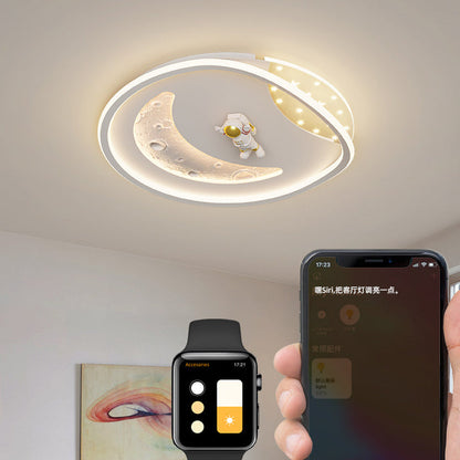 Modern Art Deco Acrylic Resin Iron Planet Astronaut Round LED Flush Mount Ceiling Light For Bedroom & Living Room