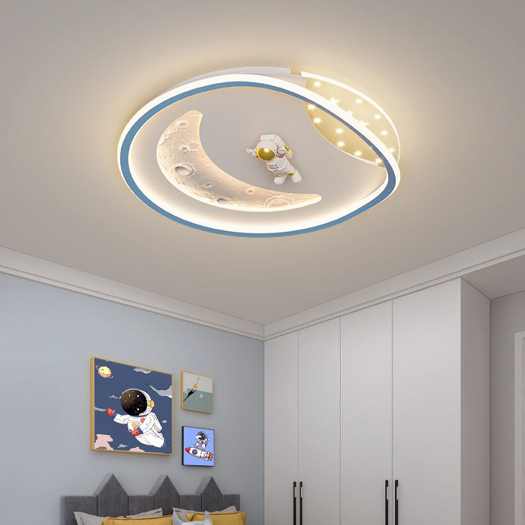 Modern Art Deco Acrylic Resin Iron Planet Astronaut Round LED Flush Mount Ceiling Light For Bedroom & Living Room