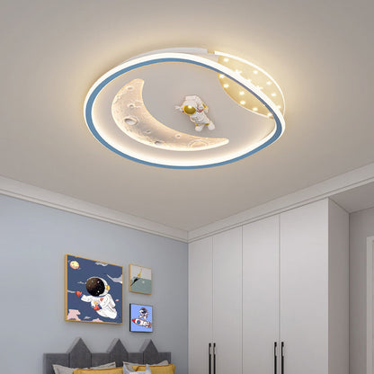 Modern Art Deco Acrylic Resin Iron Planet Astronaut Round LED Flush Mount Ceiling Light For Bedroom & Living Room