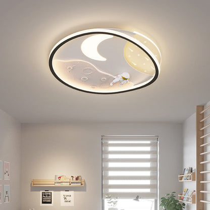 Modern Art Deco Acrylic Resin Iron Planet Astronaut Round LED Flush Mount Ceiling Light For Bedroom & Living Room