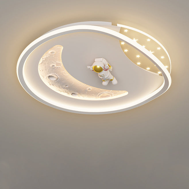 Modern Art Deco Acrylic Resin Iron Planet Astronaut Round LED Flush Mount Ceiling Light For Bedroom & Living Room