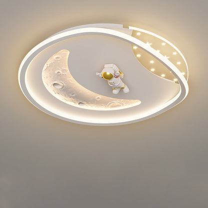 Modern Art Deco Acrylic Resin Iron Planet Astronaut Round LED Flush Mount Ceiling Light For Bedroom & Living Room